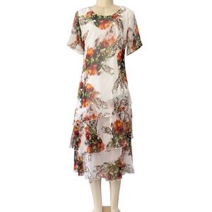 Omango White‎ Orange Floral Tiered Long Asymmetrical Dress S